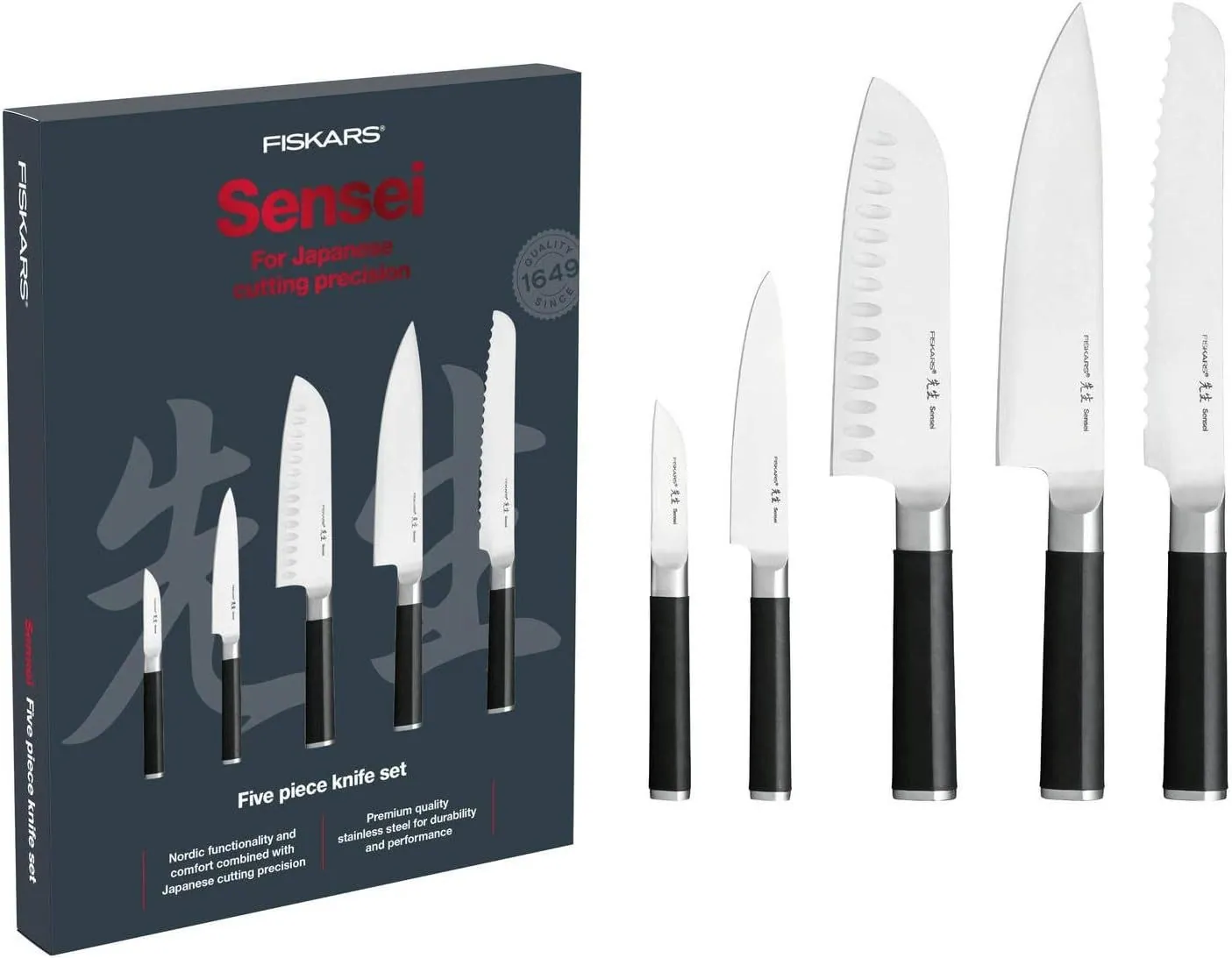 Fiskars Sensei Messer-Set, 5-teilig, vielseitige Küchenmesser für jeden Bedarf