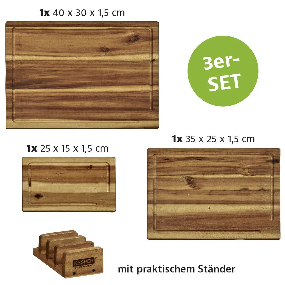 Kesper Schneidebrett 3er Set, Massivholz, FSC-zertifiziert, inklusive Ständer 3