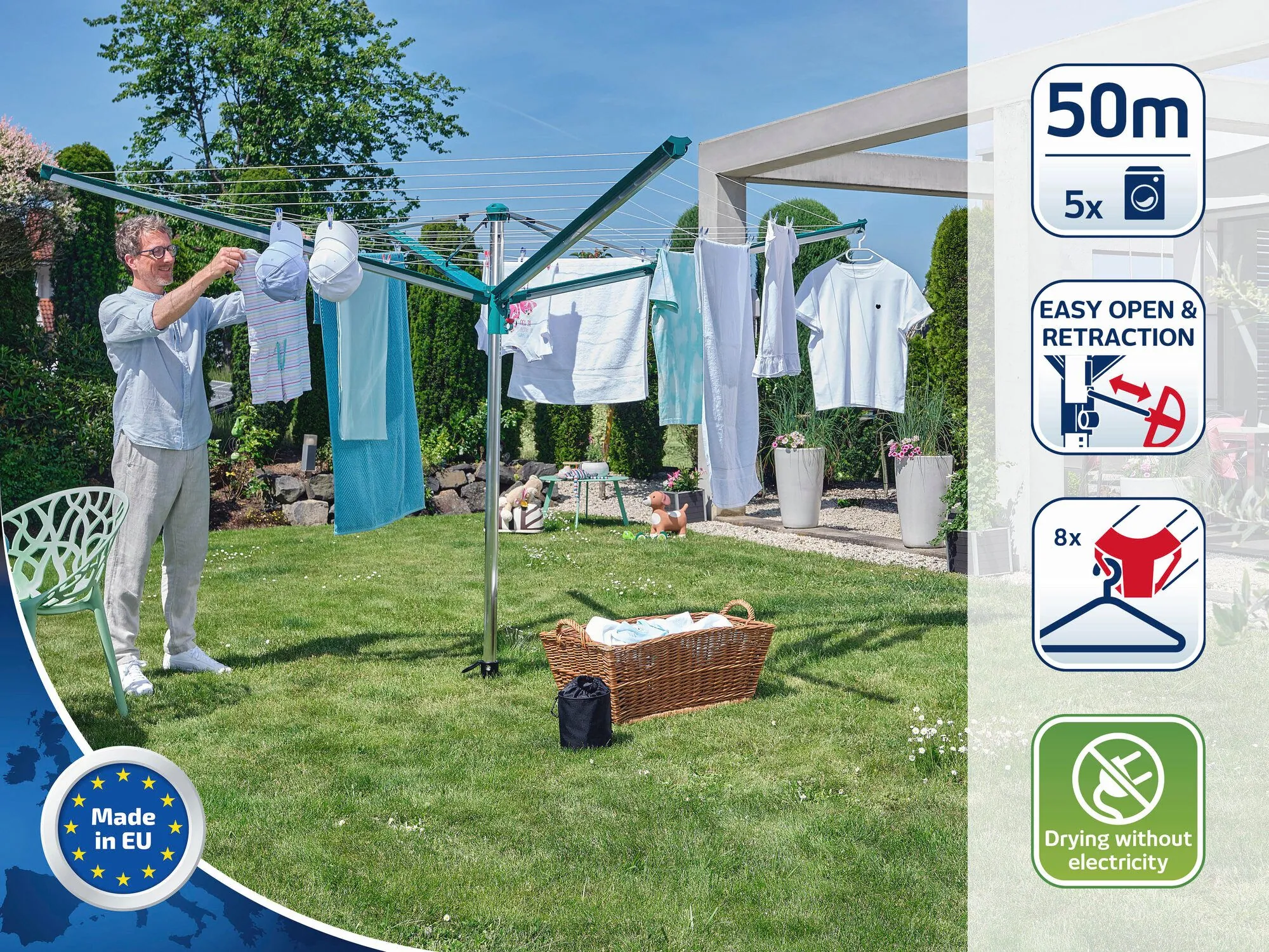 Leifheit Linomatic 500 Deluxe Cover, 50m Leinenlänge, Easy-Lift-System, schmutzgeschützte Leinen 3