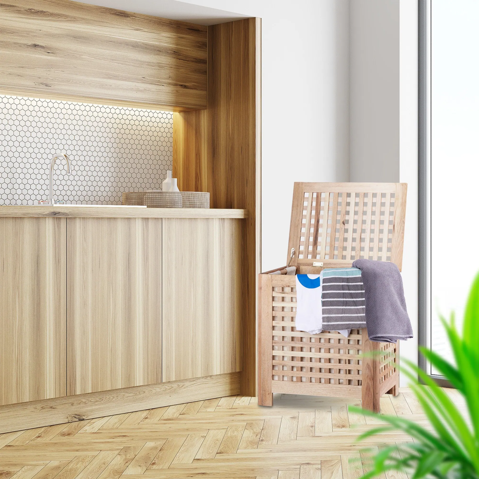 Relaxdays Wäschetruhe Walnuss, 70 Liter Volumen, stabil und ansprechend 2