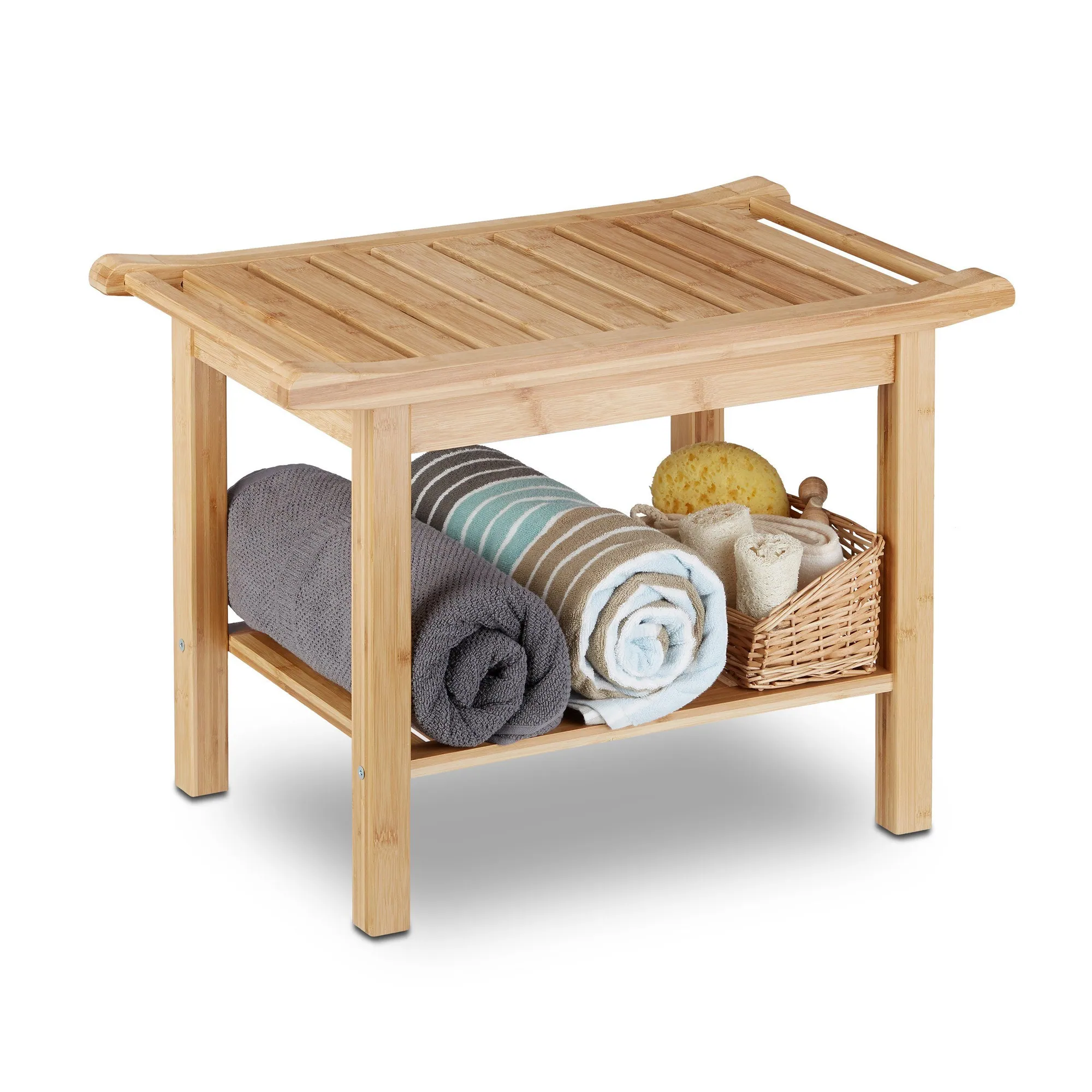 Relaxdays Badezimmerbank Bambus, stilvolles Design, hohe Traglast, platzsparend