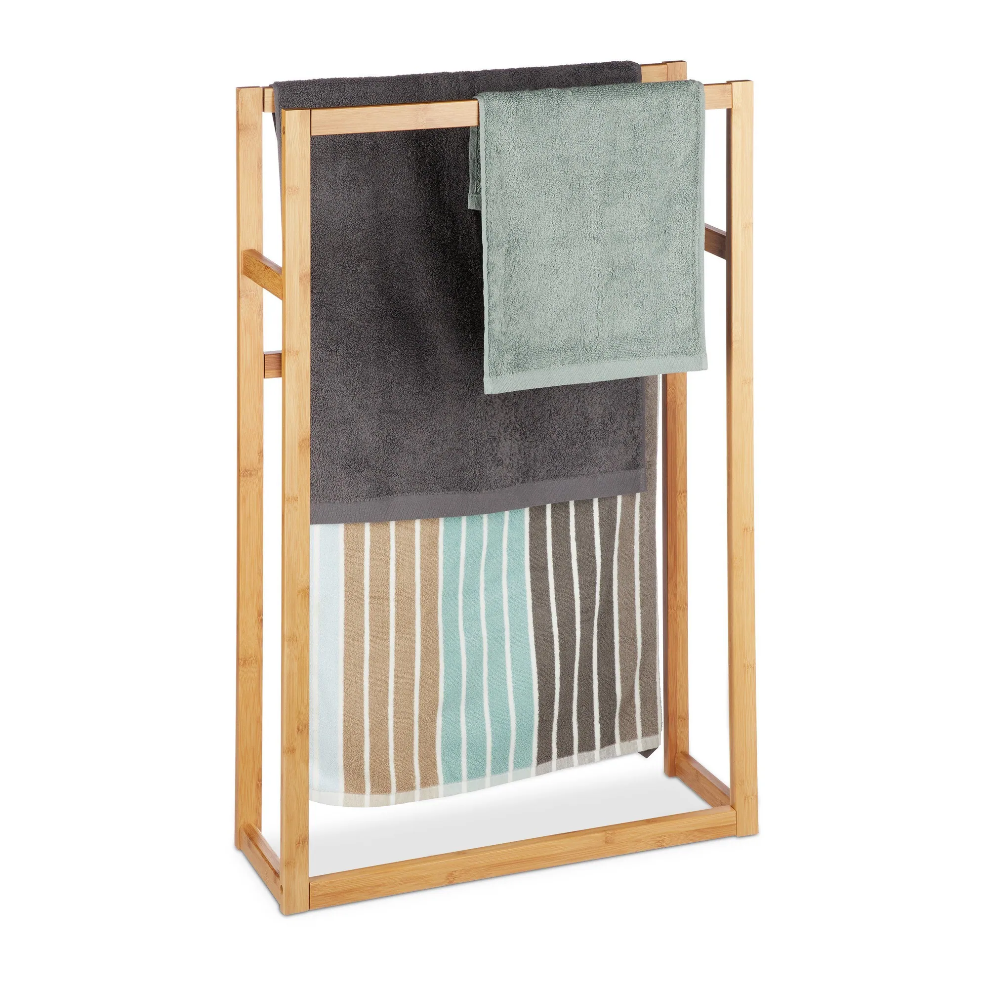 Relaxdays Handtuchständer Bambus, platzsparend, 3-armig, flexibles Design