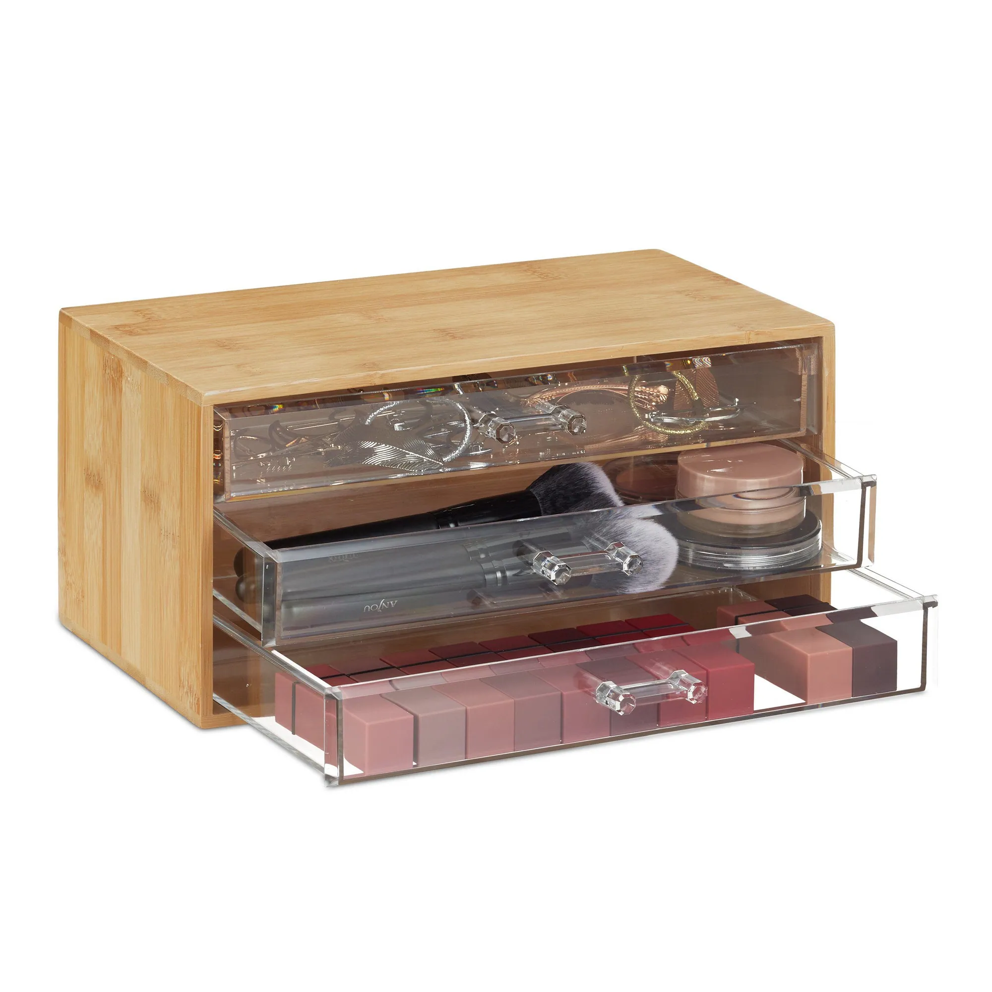 Relaxdays Make-Up Organizer, 3 Schubladen, aus Bambus und Kunststoff