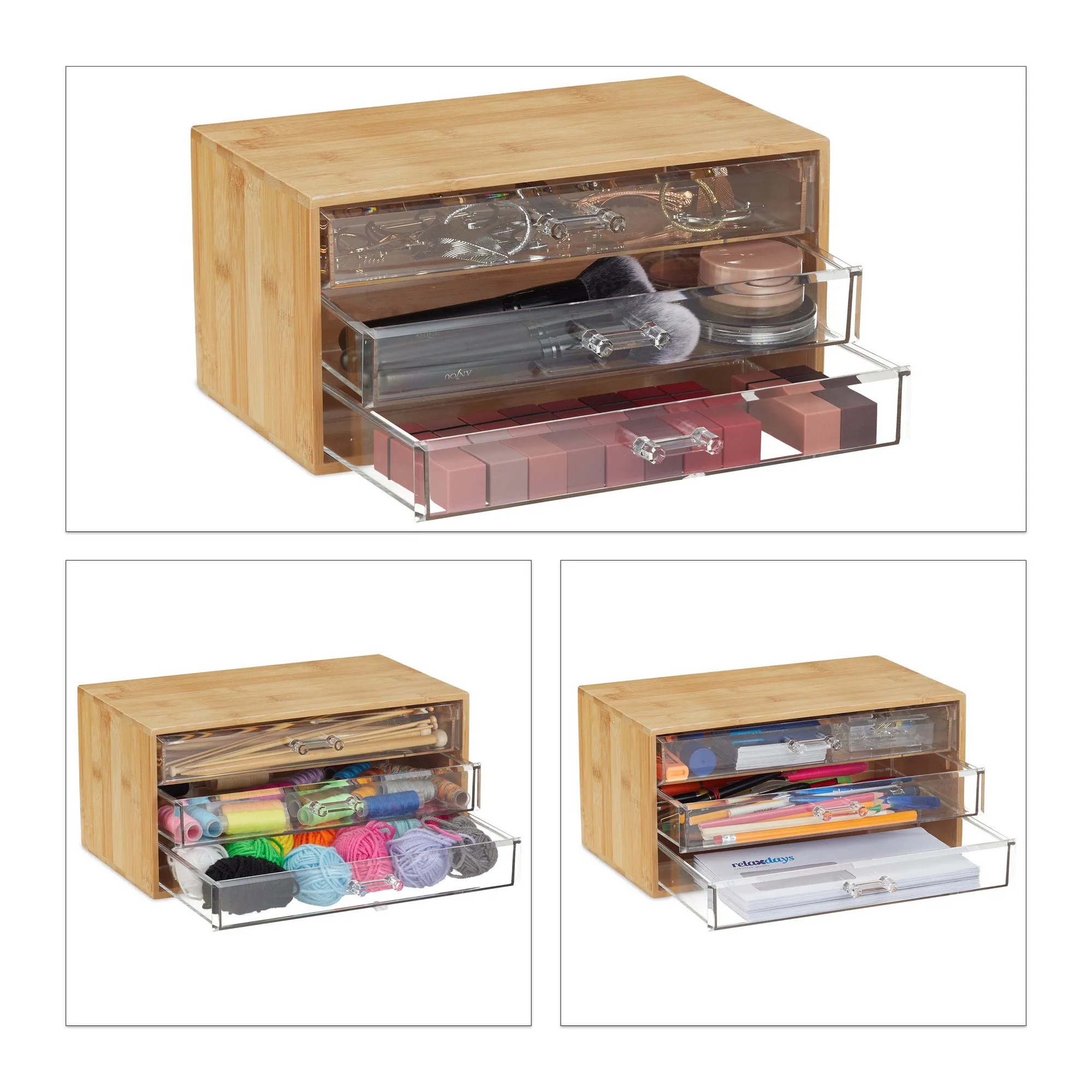 Relaxdays Make-Up Organizer, 3 Schubladen, aus Bambus und Kunststoff 3
