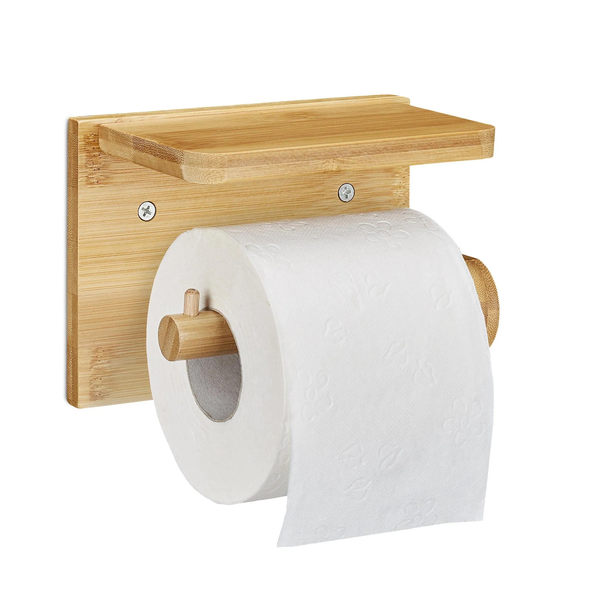 Relaxdays Toilettenpapierhalter mit Ablage, aus Bambus, inklusive Schrauben und Dübel