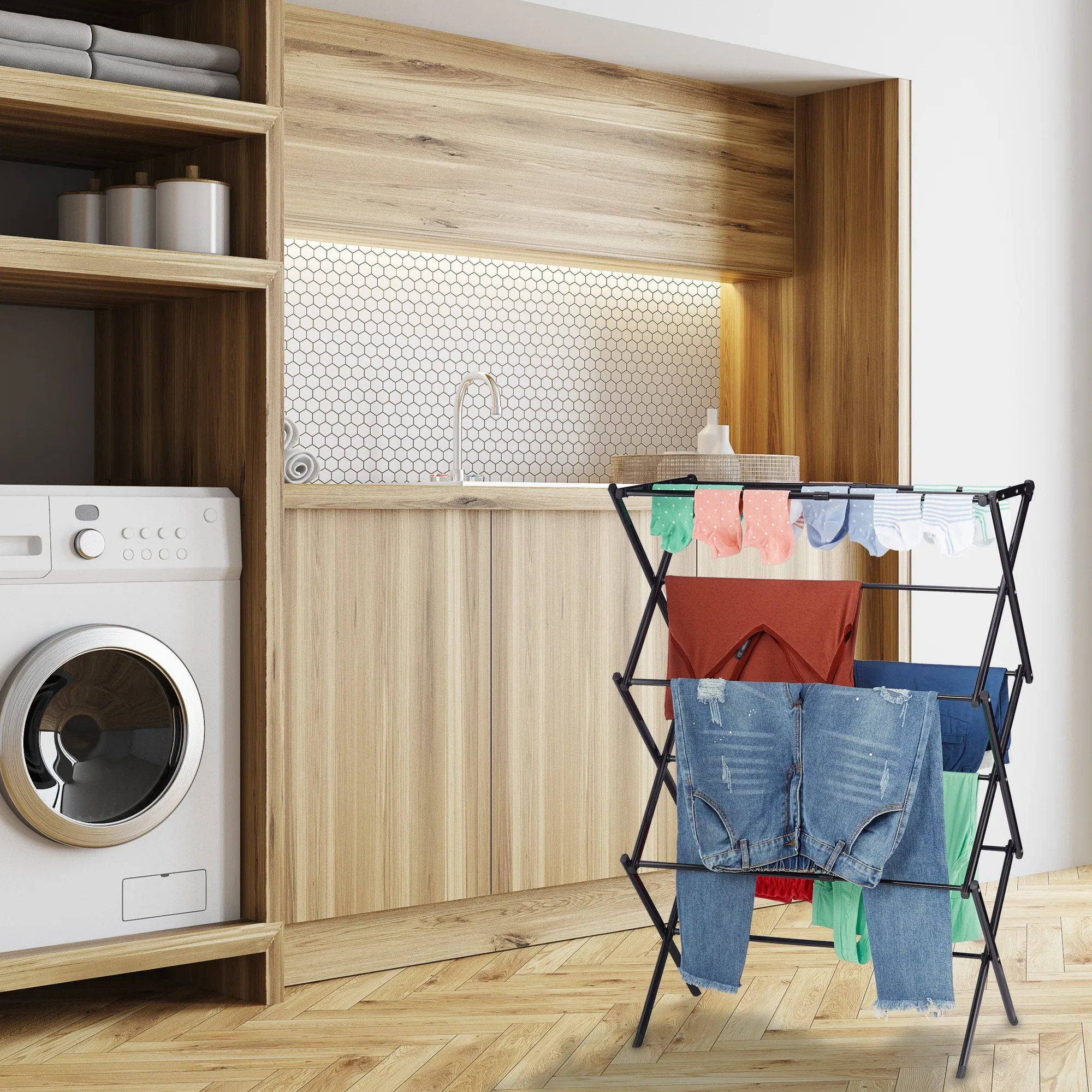 Relaxdays Teleskop Wäscheständer, platzsparend & klappbar, 6 Ebenen 3