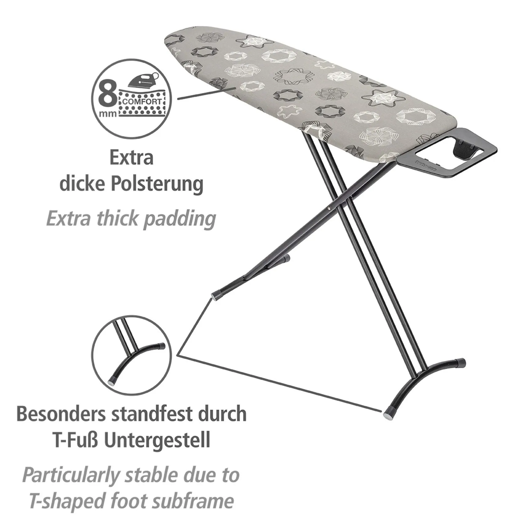 WENKO Bügelbrett Classic Black, höhenverstellbar, platzsparend klappbar — 120x38 cm Bügelfläche 3