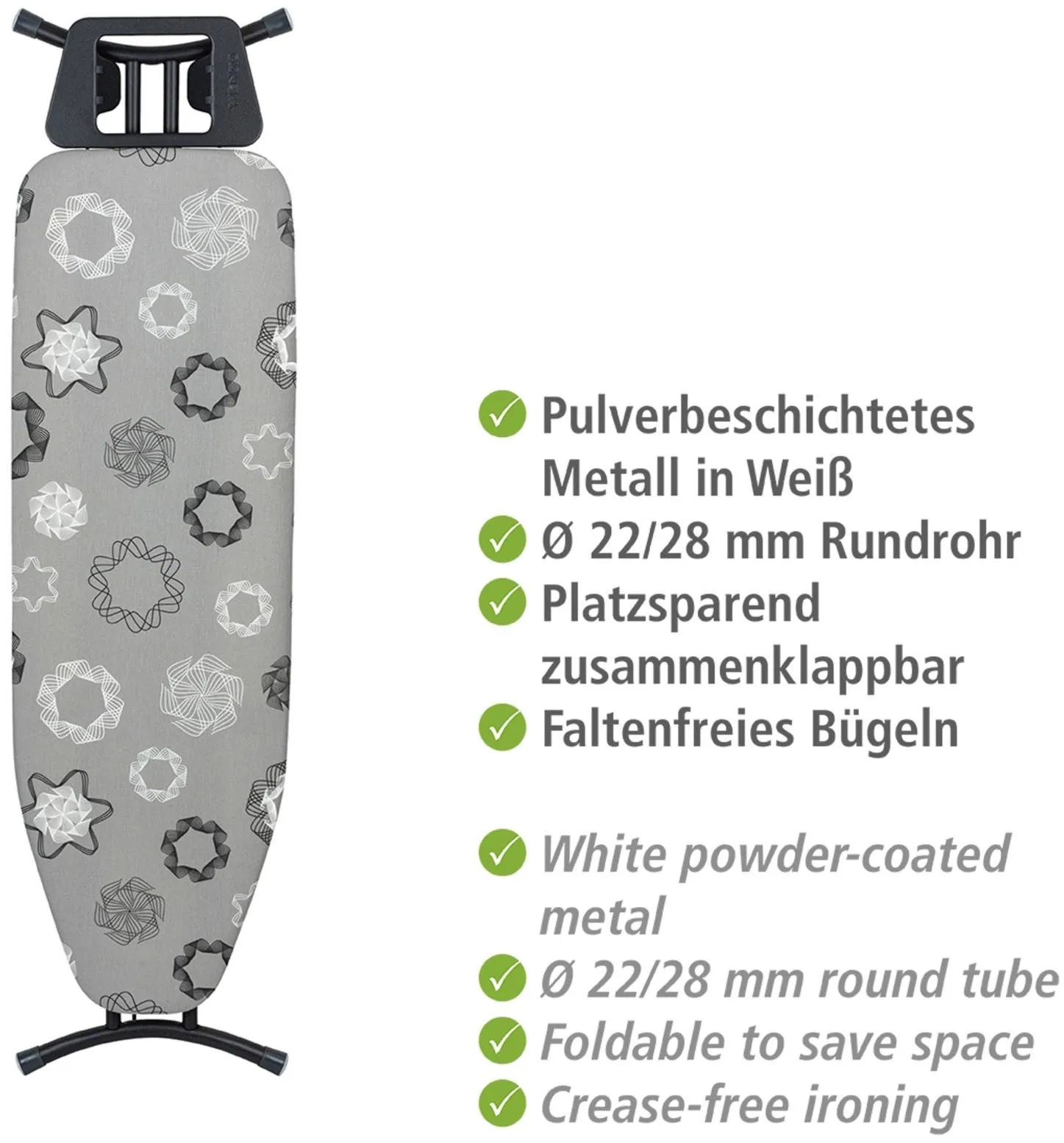 WENKO Bügelbrett Classic Black, höhenverstellbar, platzsparend klappbar — 120x38 cm Bügelfläche 4