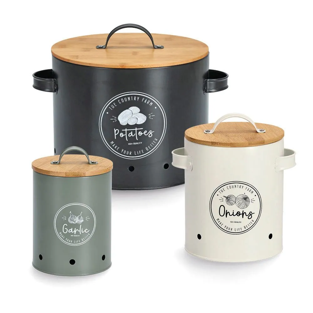 Zeller Present Vorratsdose Set, Retro-Design, Metall und Bambus — ideal für Kartoffeln, Zwiebeln und Knoblauch