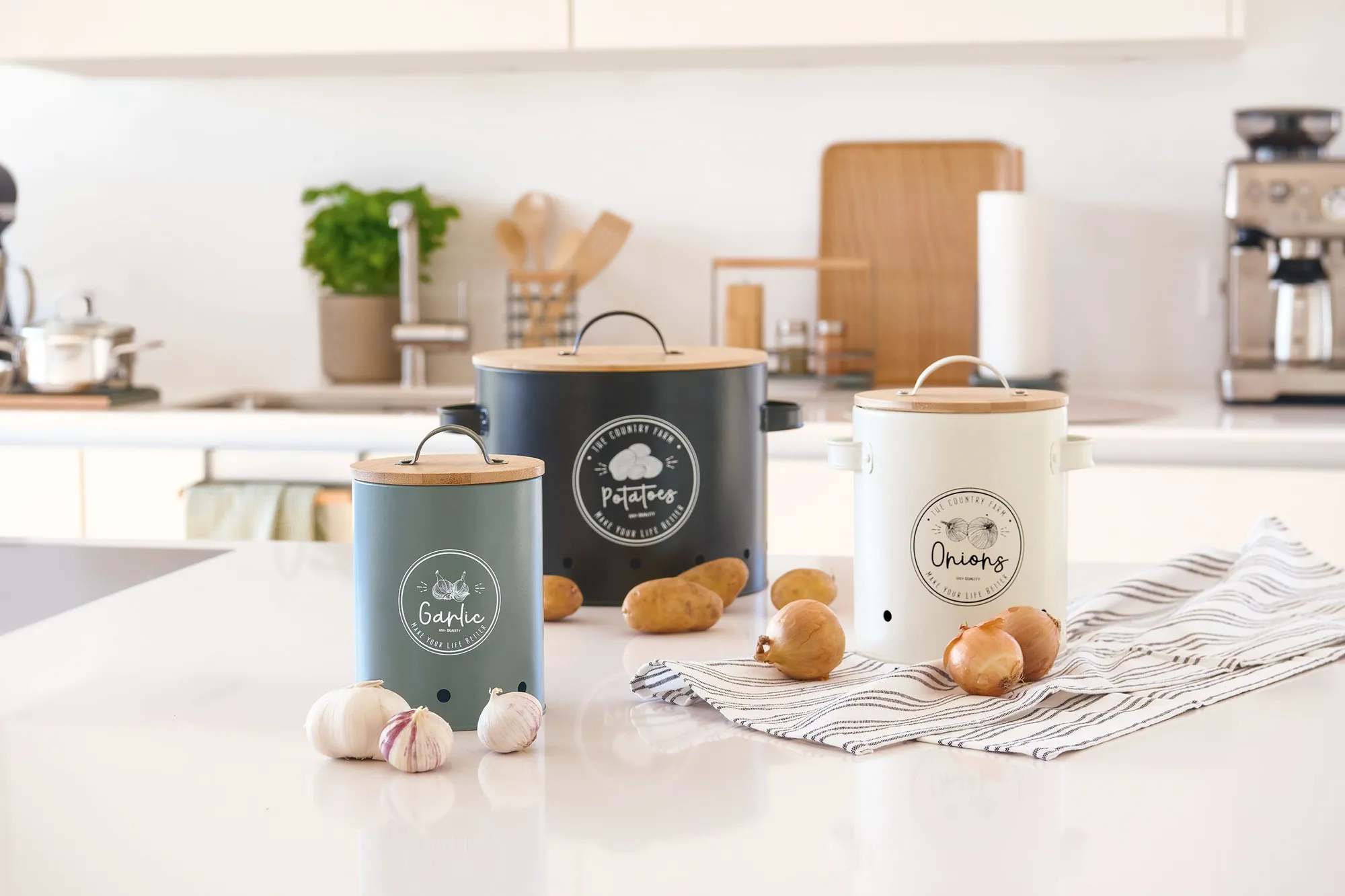 Zeller Present Vorratsdose Set, Retro-Design, Metall und Bambus — ideal für Kartoffeln, Zwiebeln und Knoblauch 2